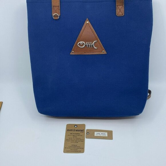 Navy Canvas Tote Bag Full Purse Grain Brown Leather Accents by Most Wanted USA - Picture 3 of 12
